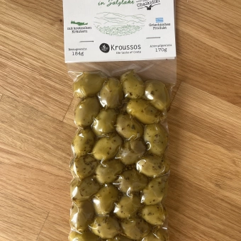 Kroussos Grüne Oliven mit kretischen Kräutern